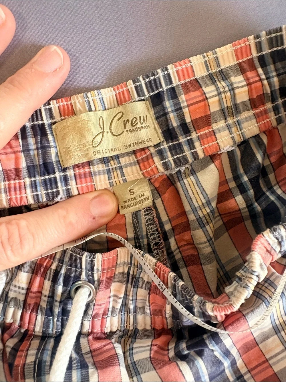 J. Crew Plaid Swim Trunks in Coral, Navy & Cream